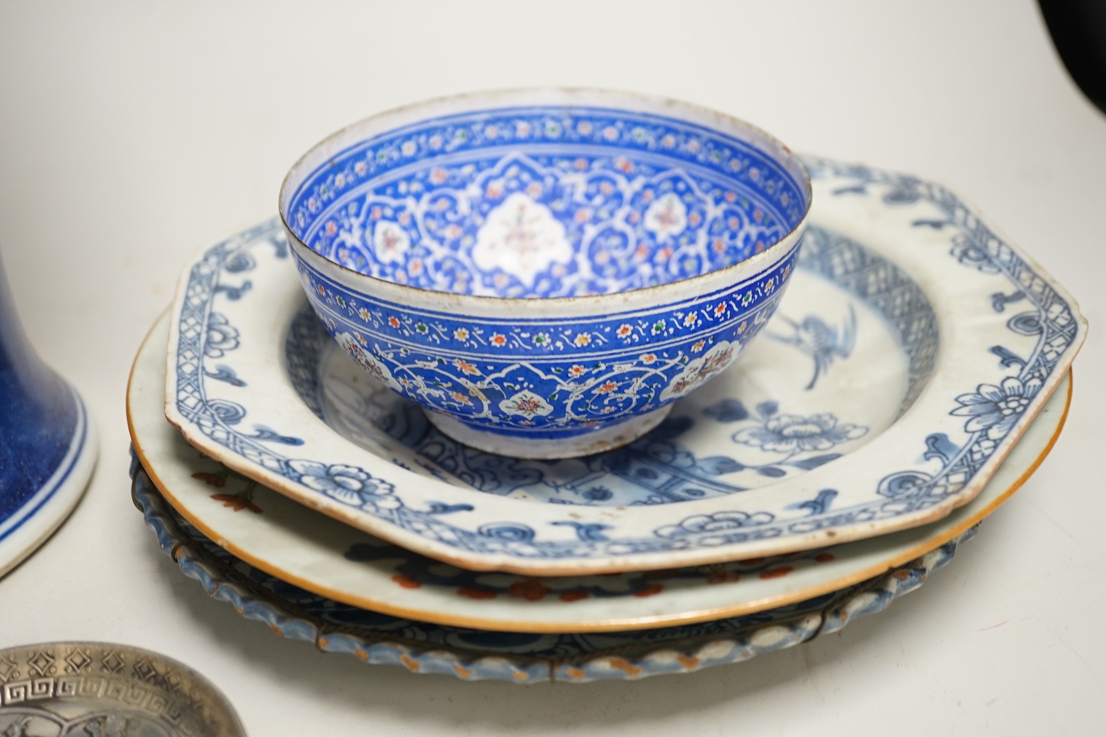 A large Chinese blue and white prunus vase, 46.5cm, together with Chinese export plates and oriental ceramics etc
